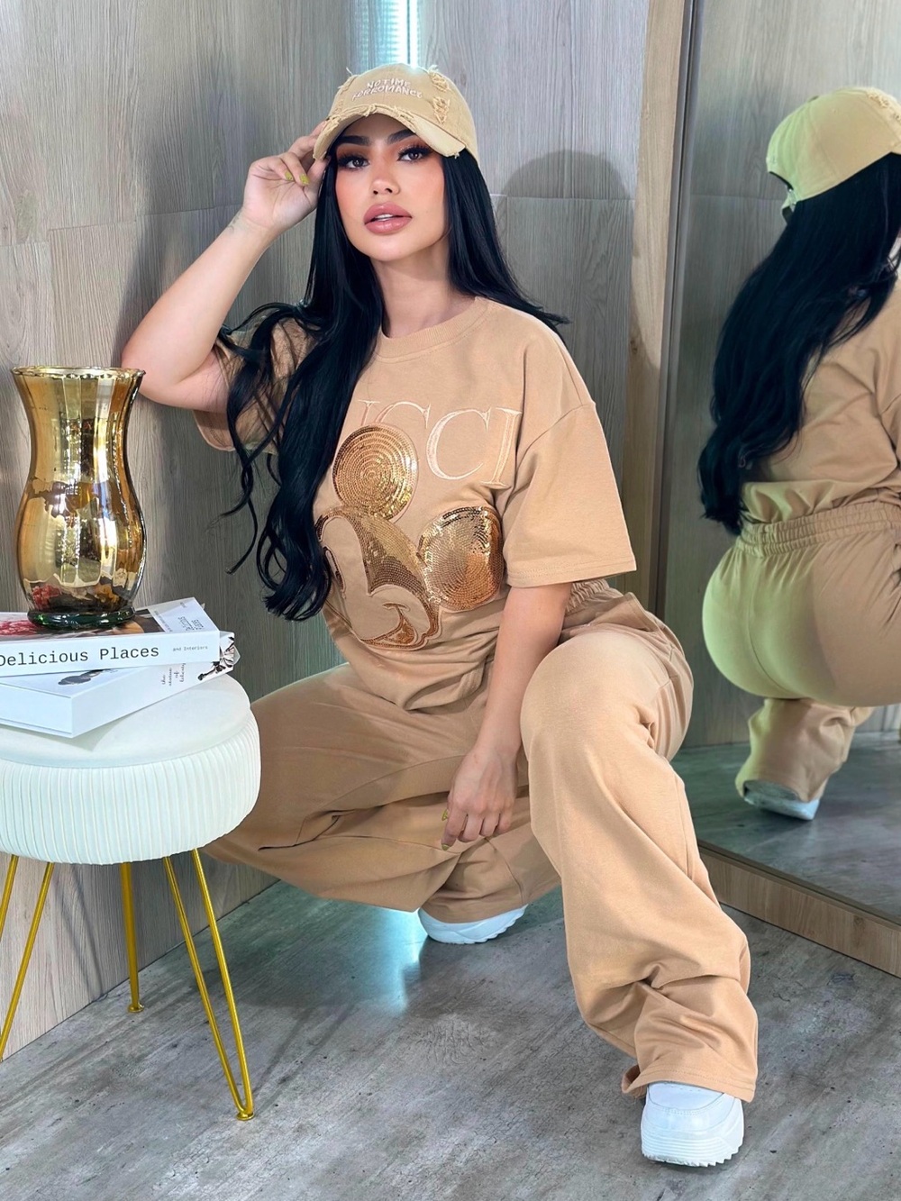 Two piece Matching Set Beige Logo Graphic Tee & Wide-Leg Pants Set size S